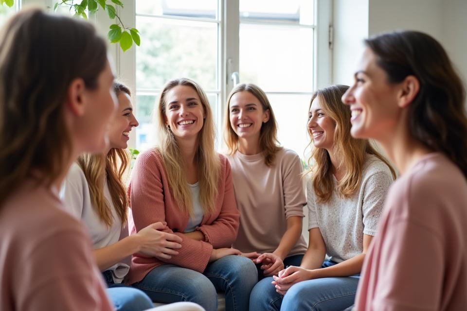 Un gruppo diversificato di donne che ridono e interagiscono in un ambiente luminoso e accogliente, simbolo di comunità e supporto