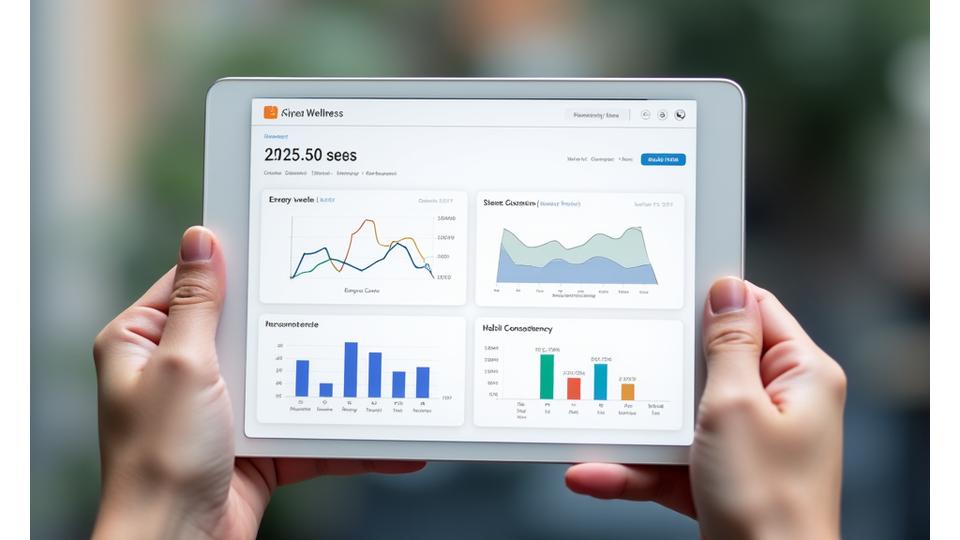 Grafici e indicatori su un'interfaccia digitale che mostrano i progressi di un utente in termini di qualità del sonno, livelli di stress e consistenza delle abitudini.