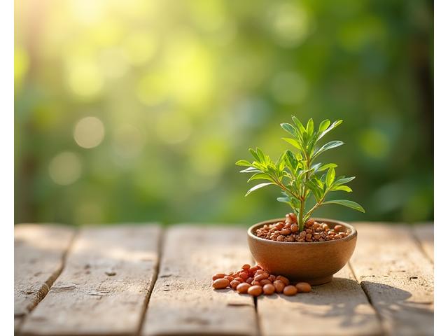 Piccola pianta di Ashwagandha Withania Somnifera con bacche rosse su un tavolo di legno in tonalità calde.